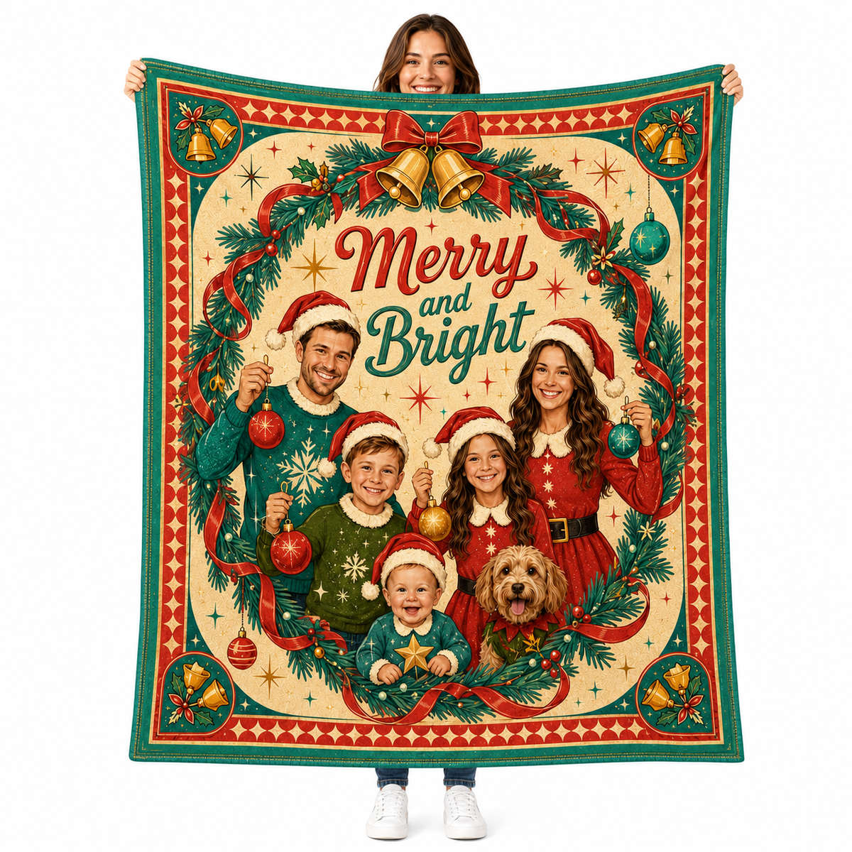 custom merry and bright christmas family photo blanket with dog held up