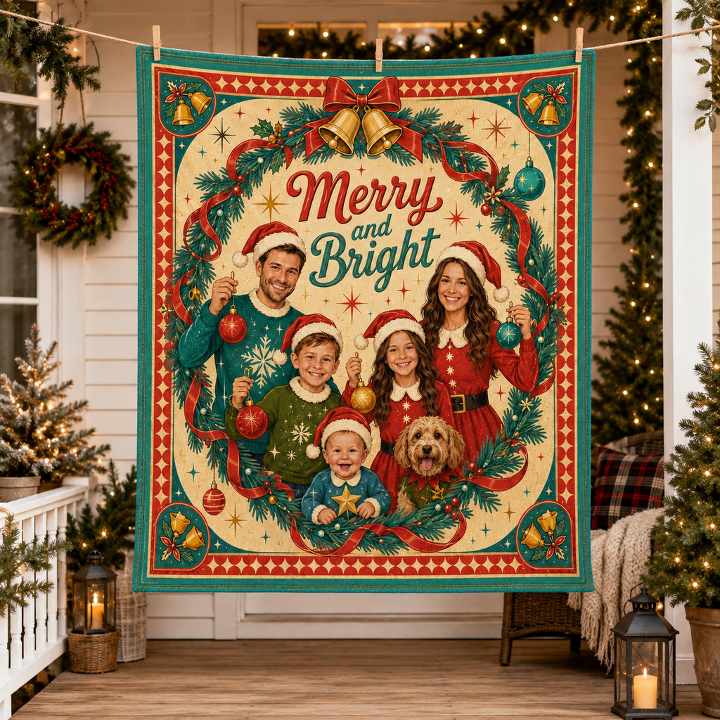 merry and bright custom pet blanket displayed on a christmas porch