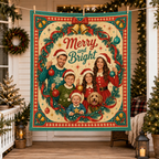 merry and bright custom pet blanket displayed on a christmas porch
