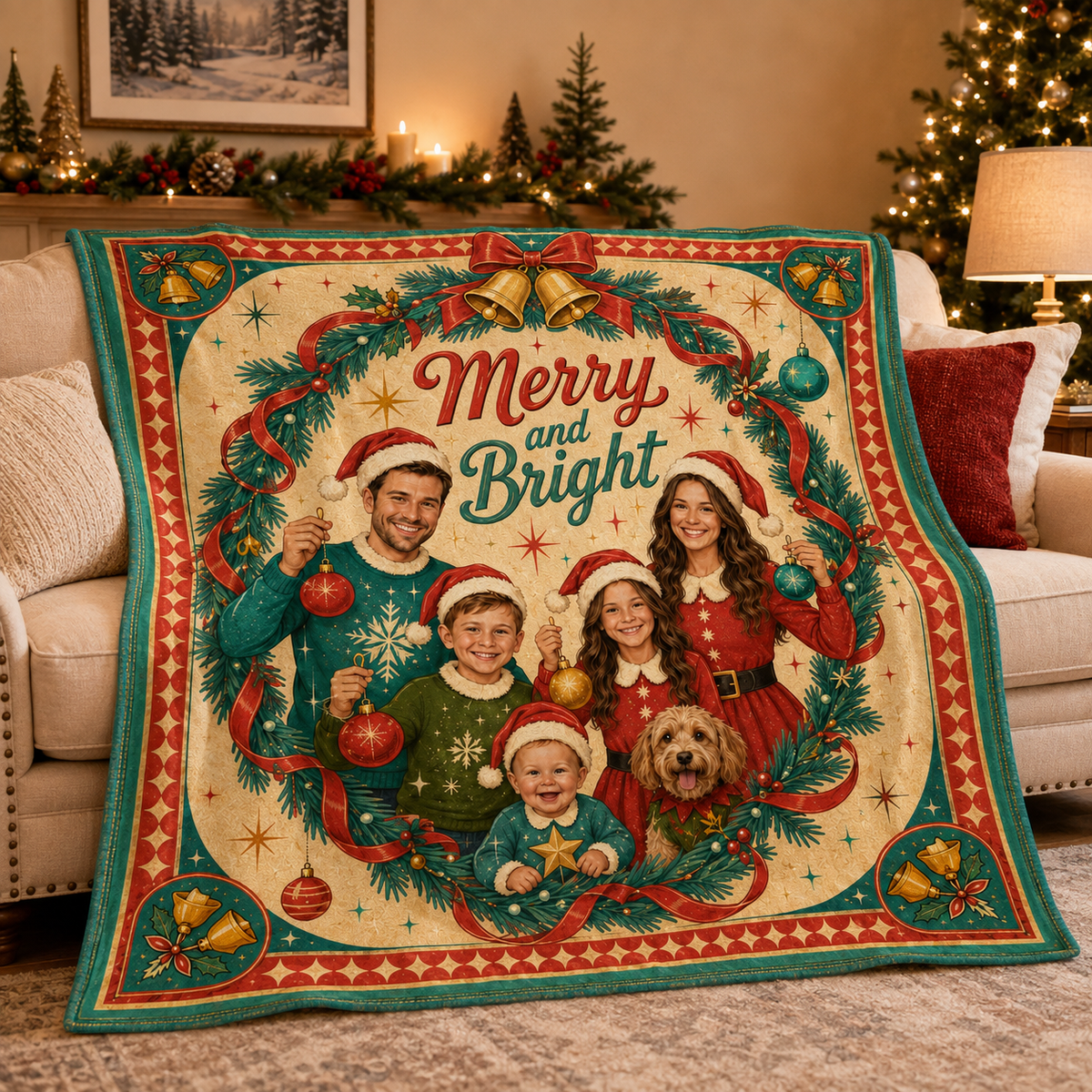 merry and bright personalized family photo blanket draped over a couch