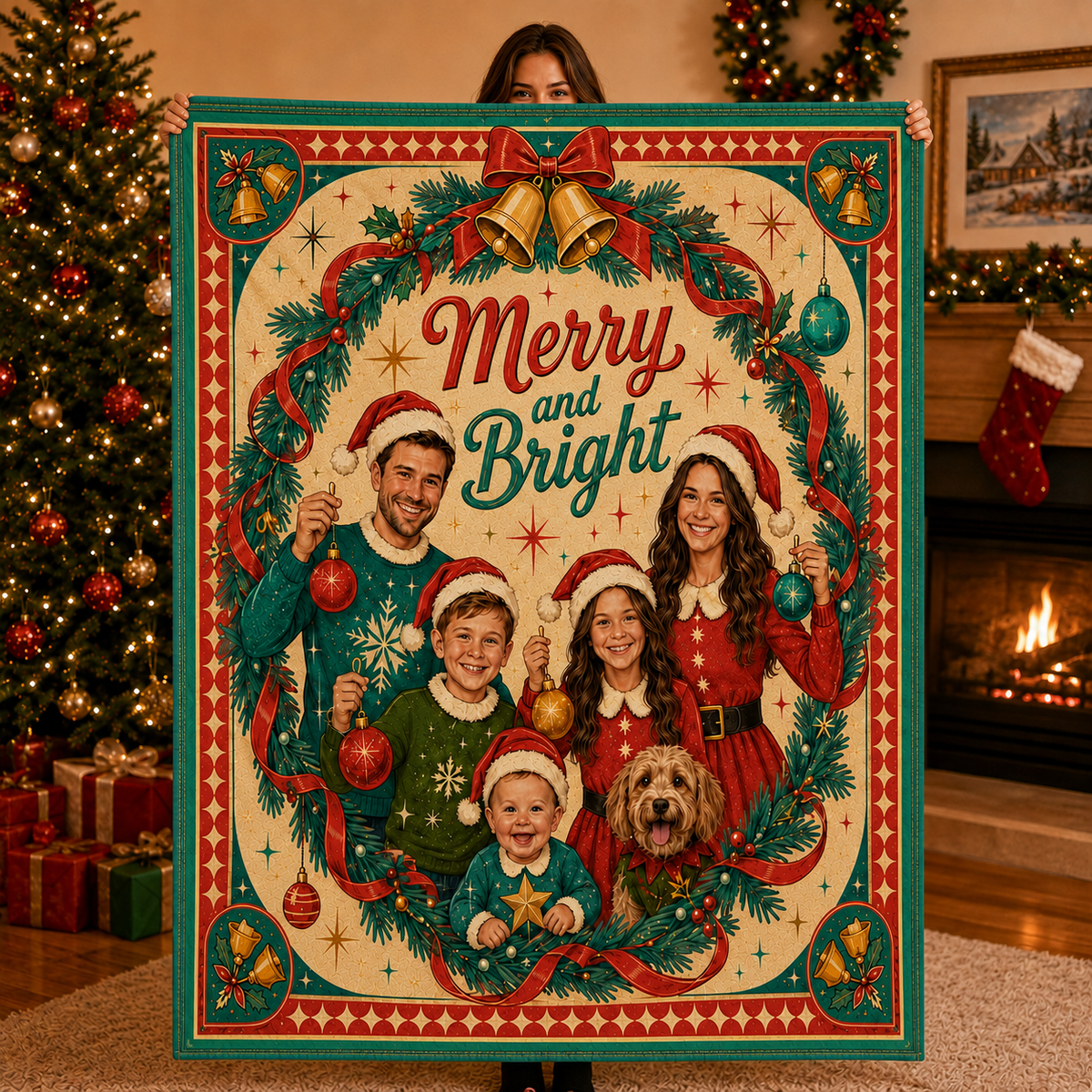 merry and bright holiday family photo blanket held up in festive living