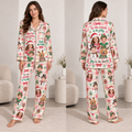 woman modeling a custom merry christmas satin pajama set with plaid print