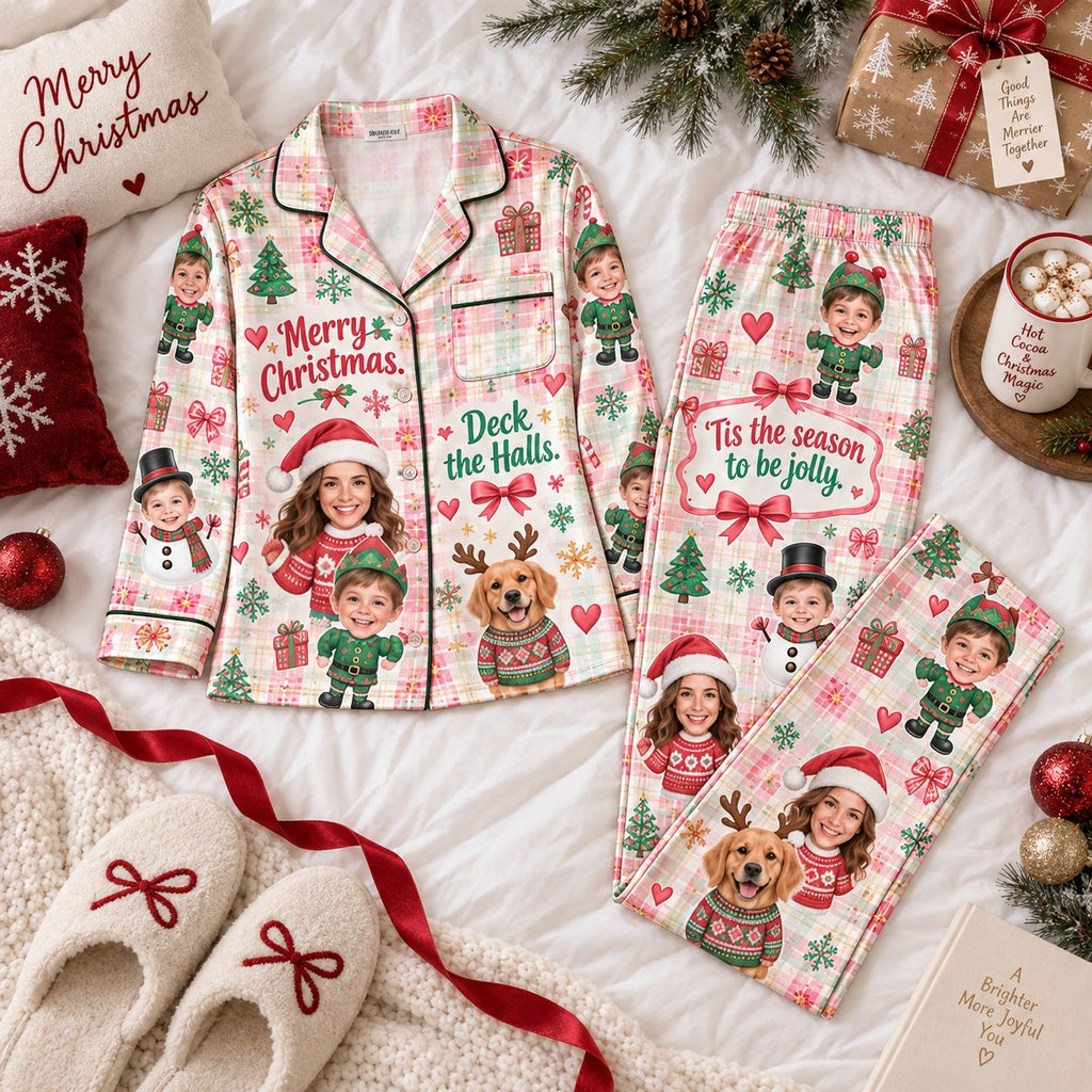 flat lay pink plaid satin pajamas with custom family and pet photo faces