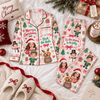 flat lay pink plaid satin pajamas with custom family and pet photo faces