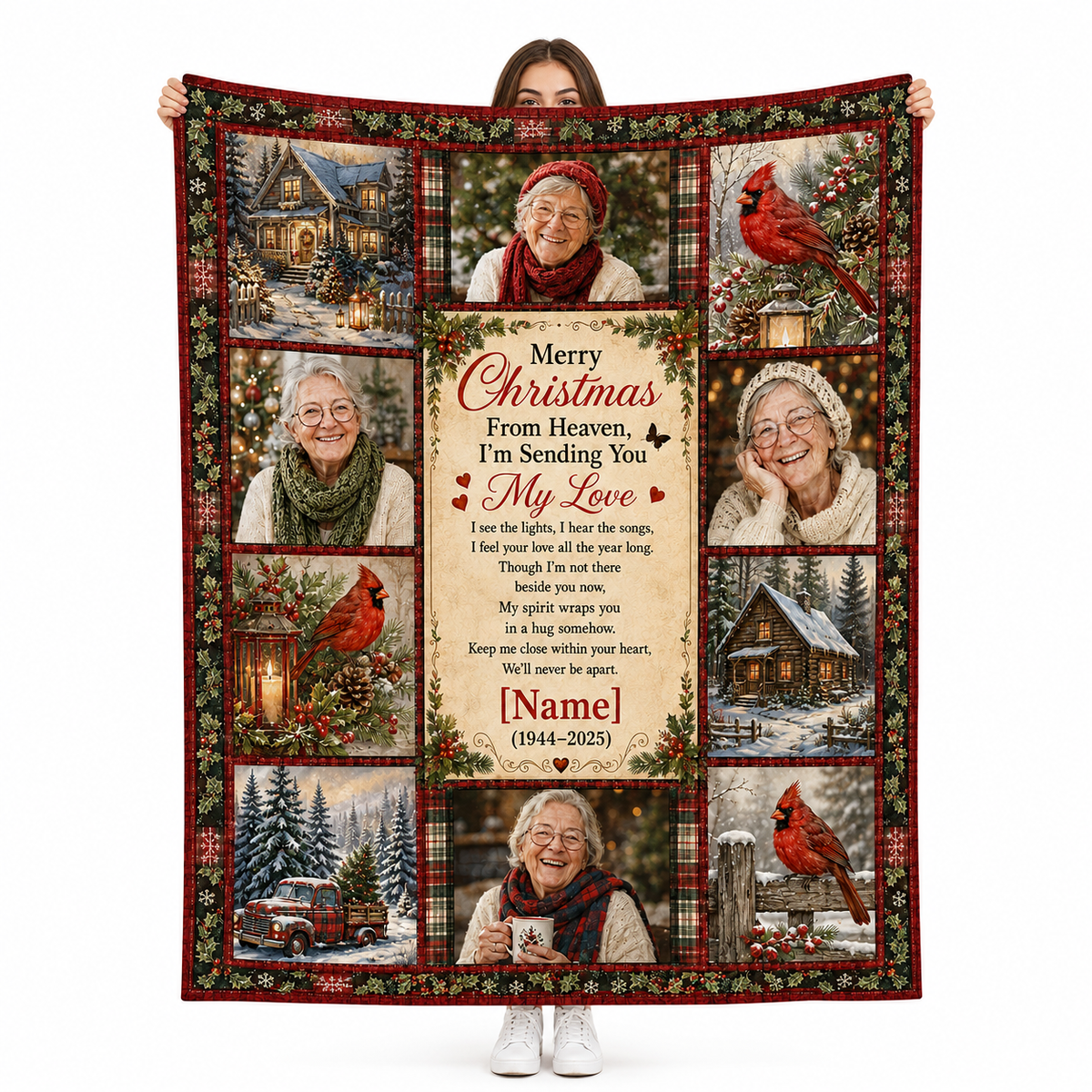 custom photo blanket featuring a memorial christmas poem and an elderly woman