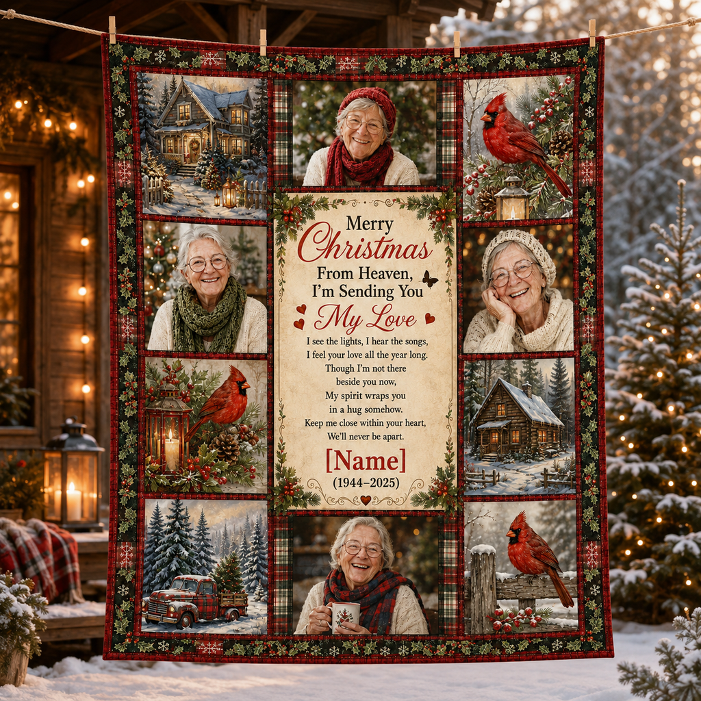 flannel fleece photo blanket with red cardinals and a snowy winter cabin