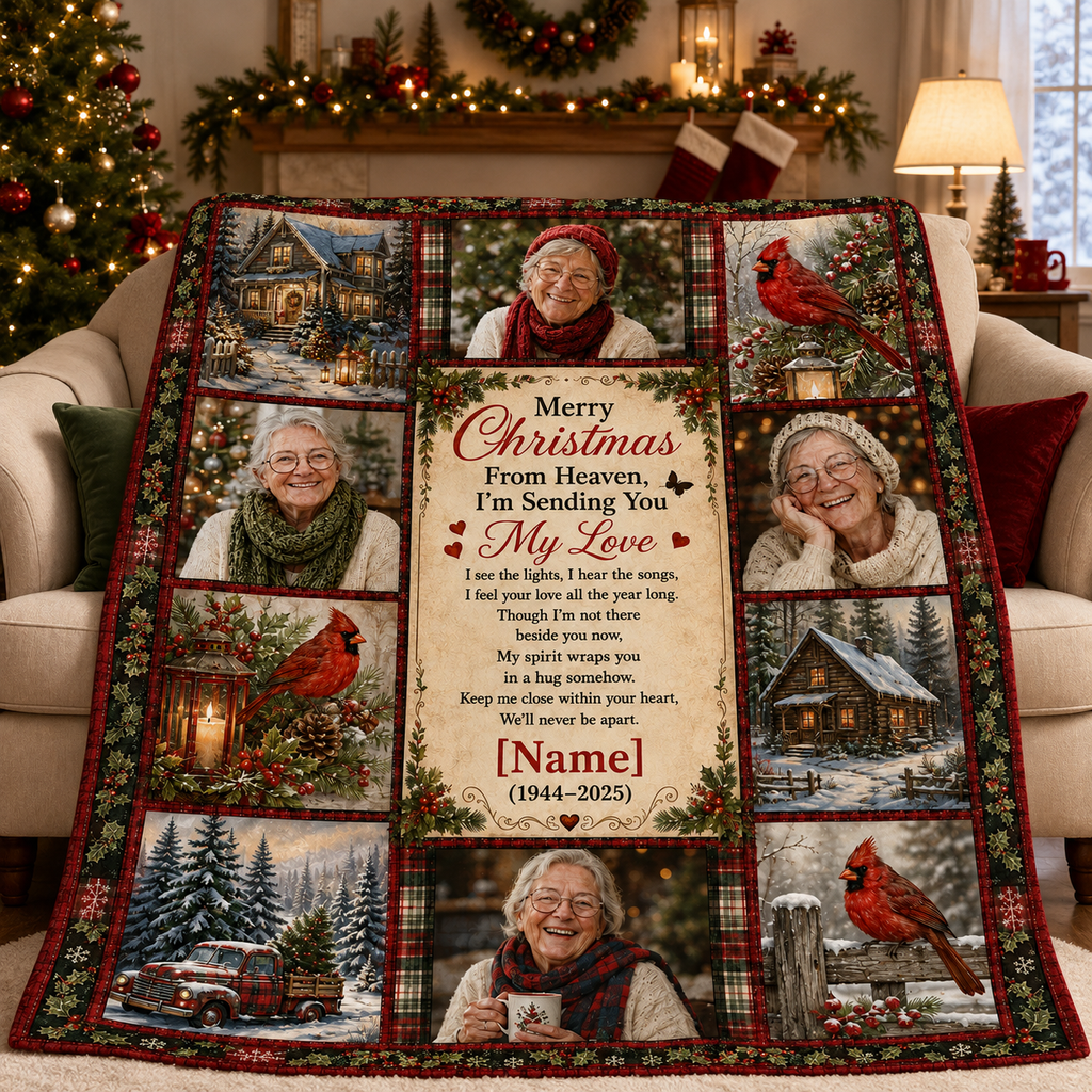 plaid border memorial photo blanket draped on a couch by a christmas