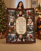 memorial christmas photo blanket held up in a cozy holiday living room