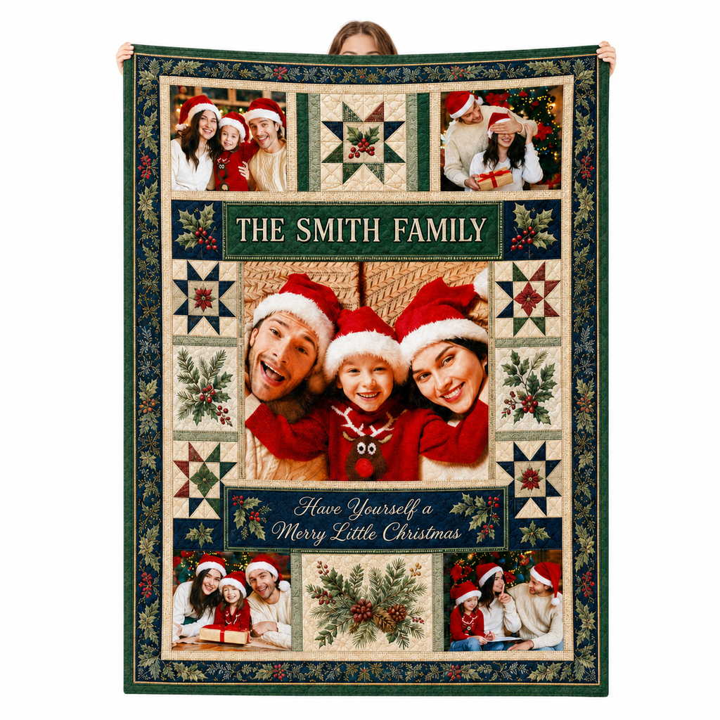 green and red family christmas photo blanket with patchwork frame design