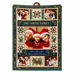 green and red family christmas photo blanket with patchwork frame design