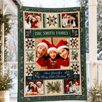 family photo throw blanket hanging on a porch clothesline in winter