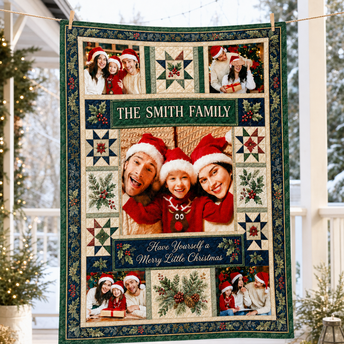 family photo throw blanket hanging on a porch clothesline in winter