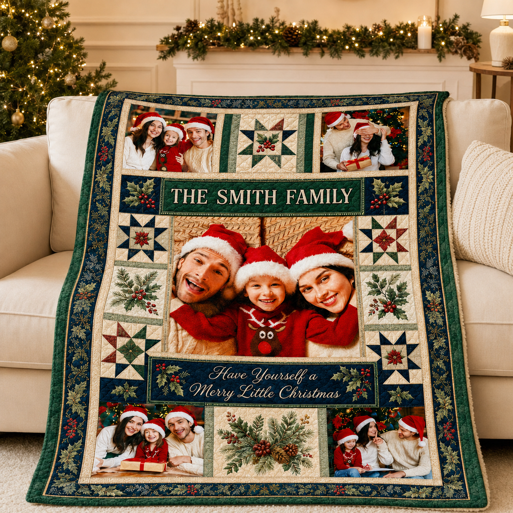 custom family name photo blanket draped over a cream sofa