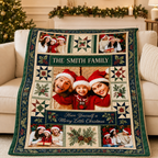 custom family name photo blanket draped over a cream sofa