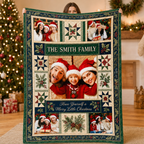 red and green christmas photo blanket held up in a festively decorated