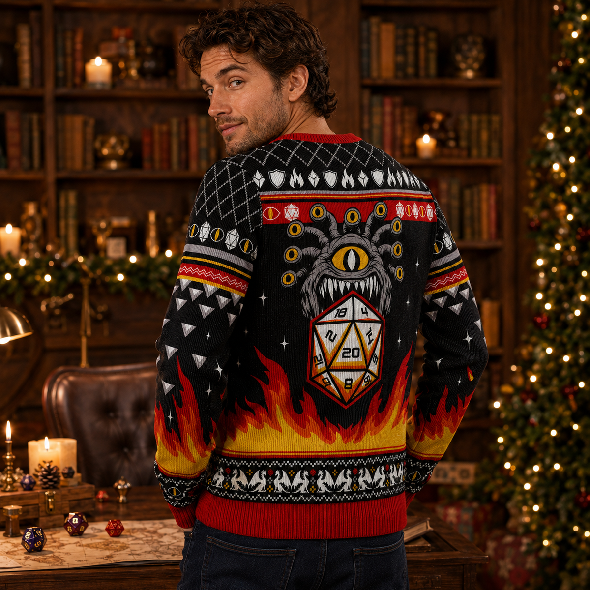 back view of a knit ugly christmas sweater with beholder and d20