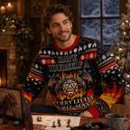 man wearing a knit ugly christmas sweater with crit-mas design