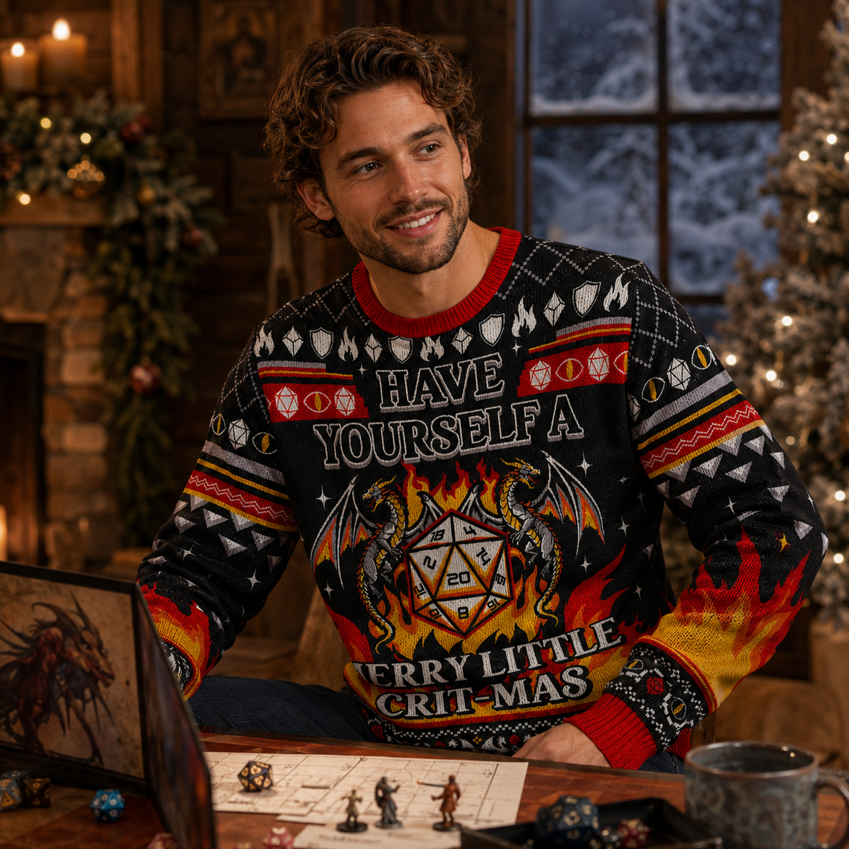 man wearing a knit ugly christmas sweater with crit-mas design