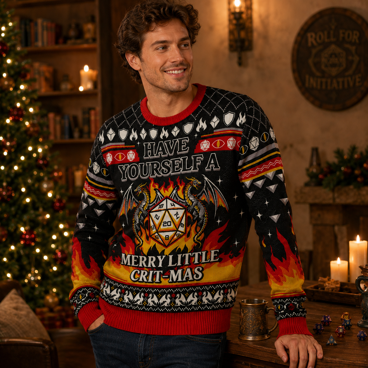 Have Yourself A Merry Little Crit-Mas Ugly Christmas Sweater, D20 Dice Dragon Knit Holiday Jumper, Gifts For Dnd Fans