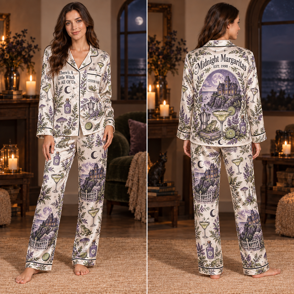 halloween pajamas model wearing midnight margaritas satin set in living room