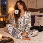 back view of halloween pajamas showing midnight margaritas haunted house print