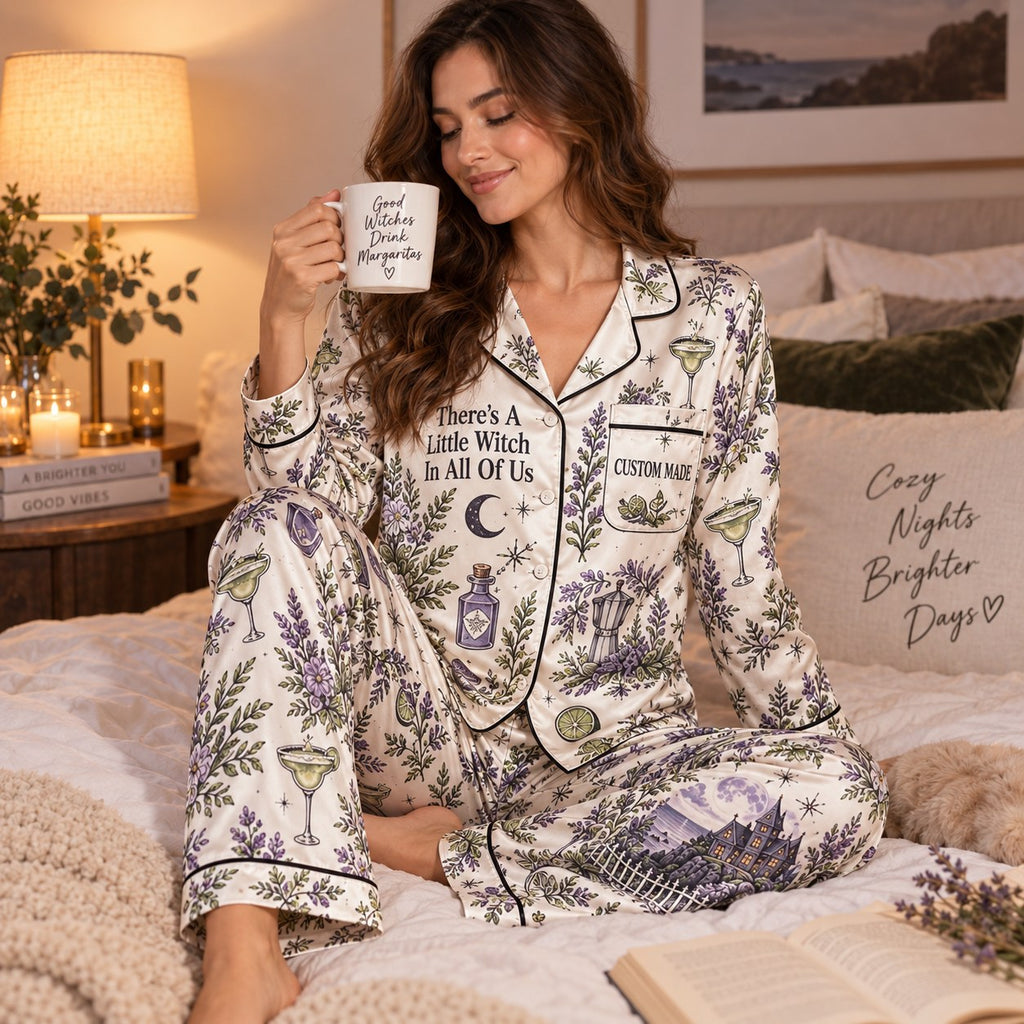 halloween pajamas model reading a book with a cat