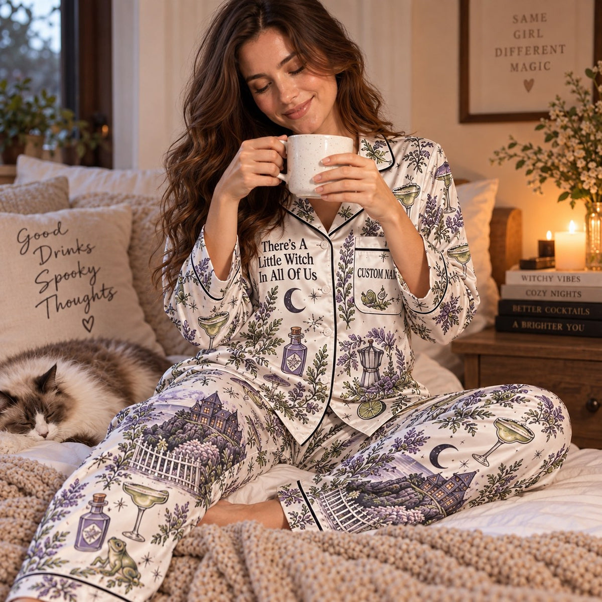 seated woman in lavender margarita satin pajamas with a custom name on the chest
