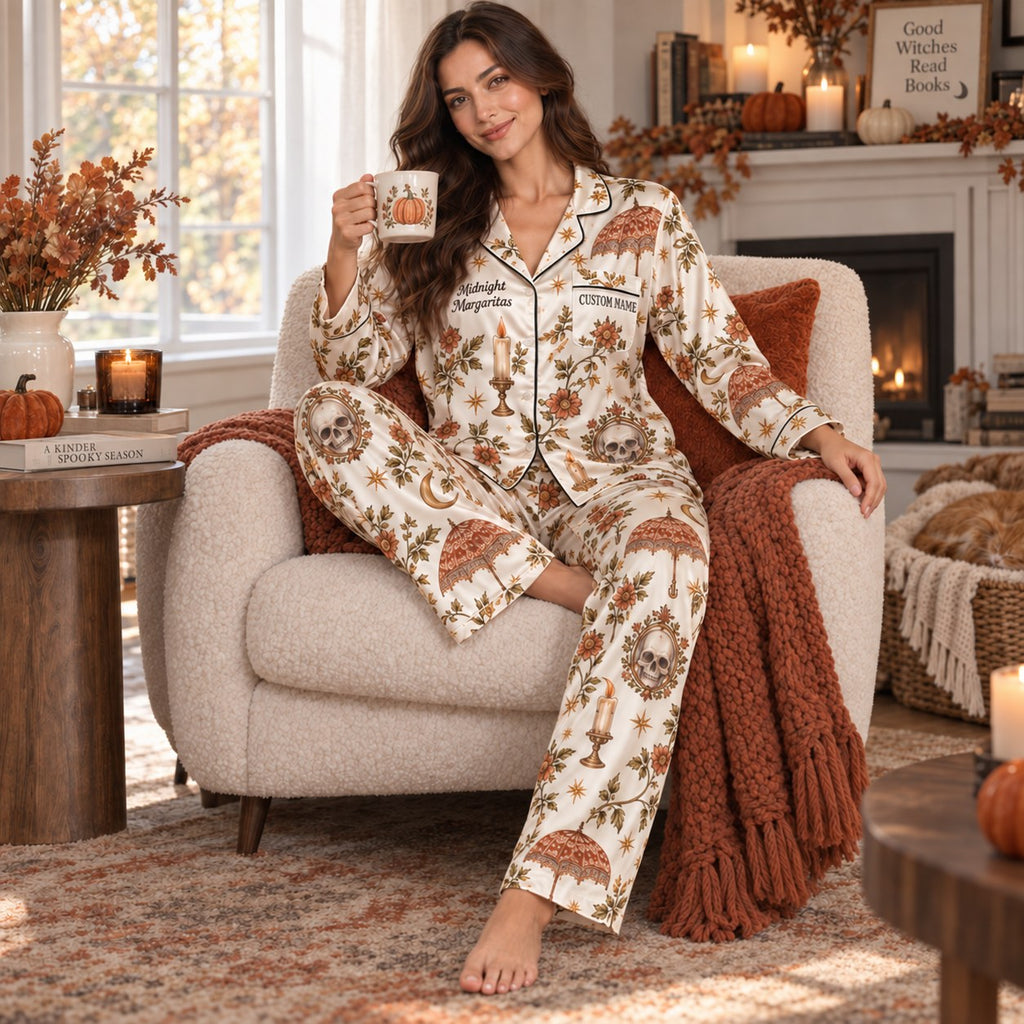 woman sitting on bed wearing personalised gothic halloween pajamas