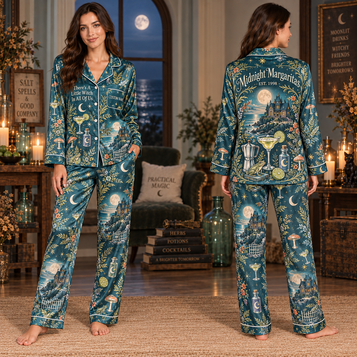 woman modeling teal satin pajamas with moon, mushroom and castle print, optional
