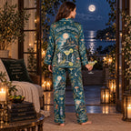 side and back view of teal satin pajamas showing the all-over moon