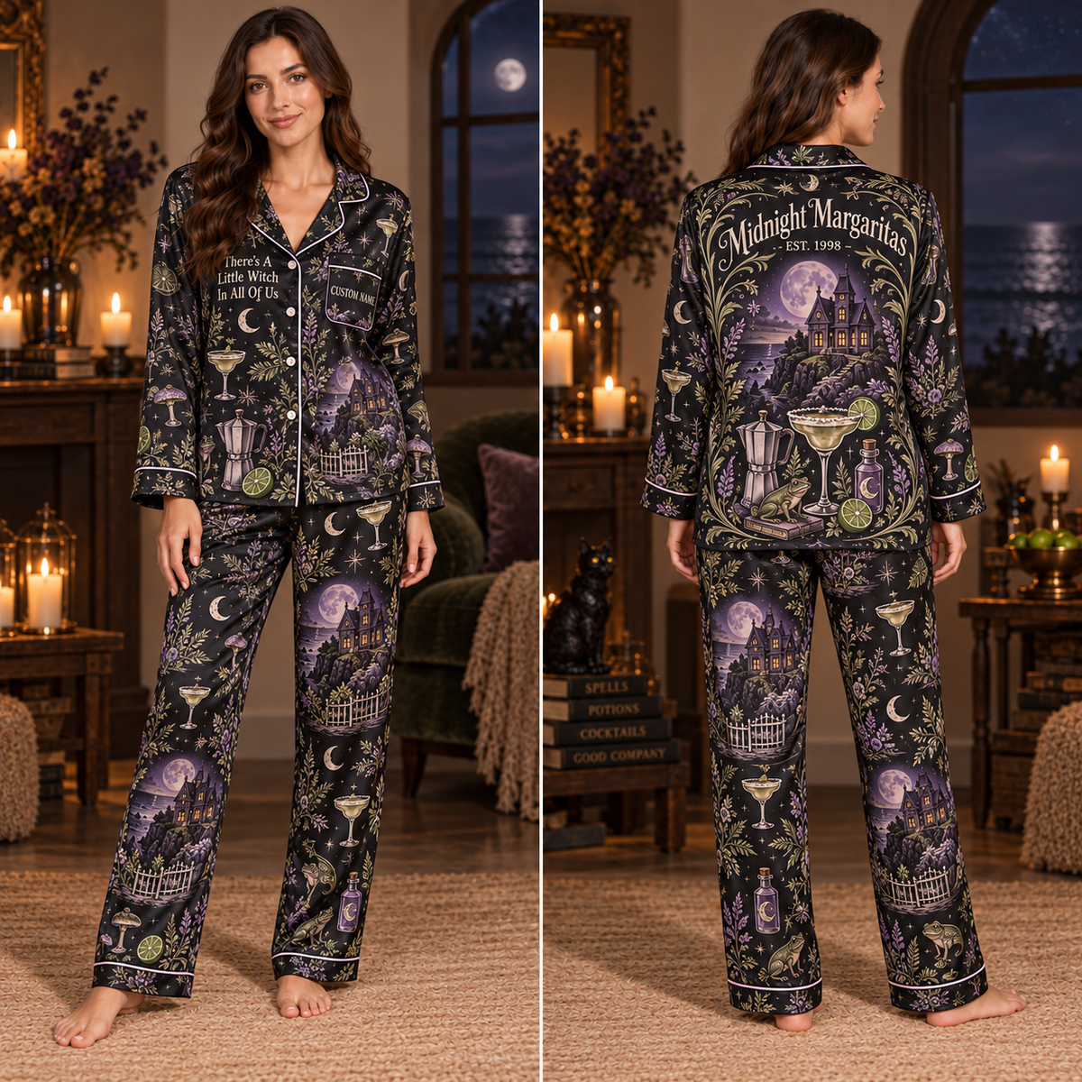 woman modeling a black halloween satin pajama set with an all-over witch