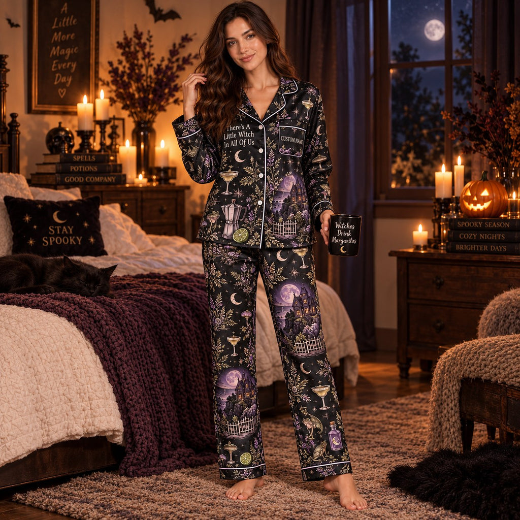 back view of the midnight margaritas halloween satin pajama set