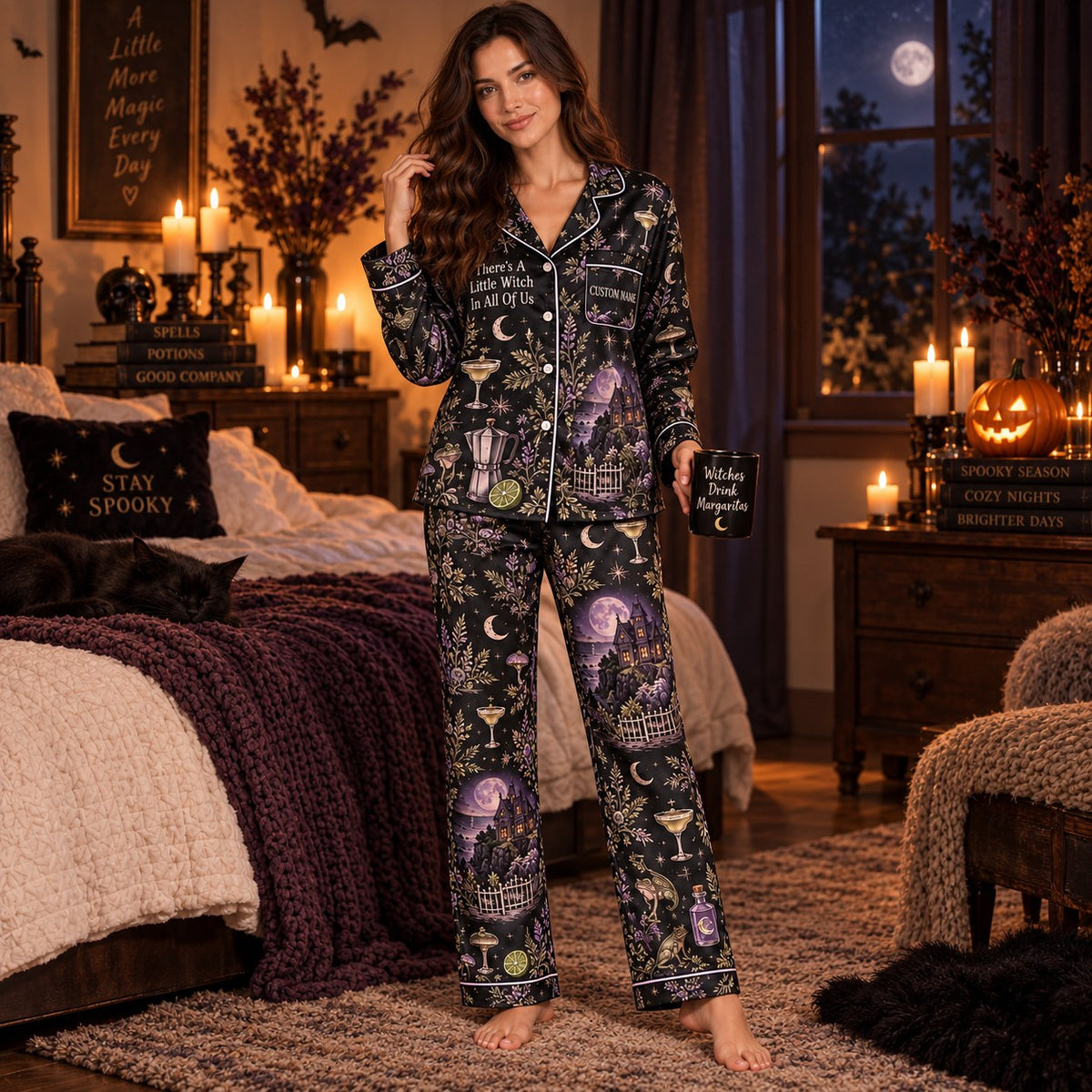 back view of the midnight margaritas halloween satin pajama set