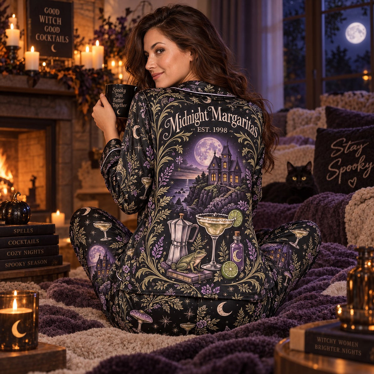 close up of the midnight margaritas halloween pajama back print
