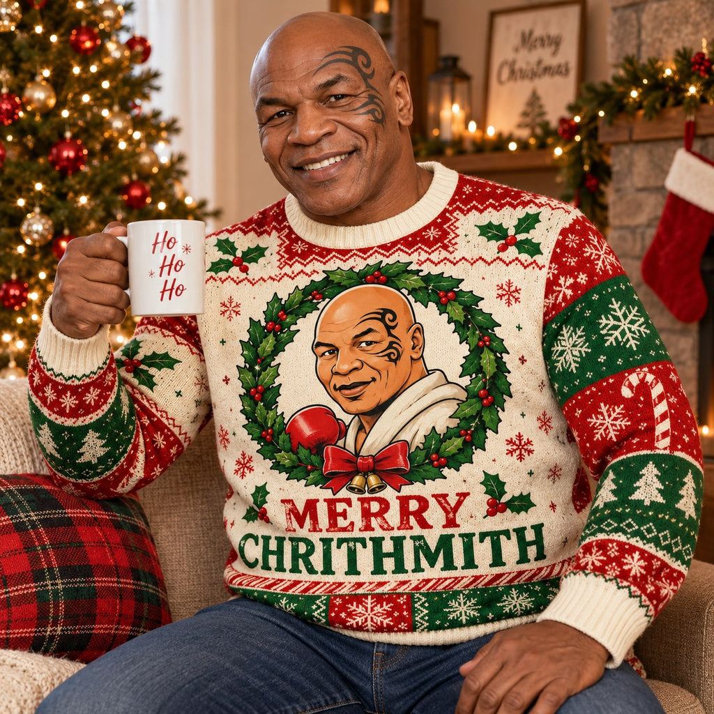 mike tyson merry chrithmith ugly christmas sweater, man holding ho ho ho