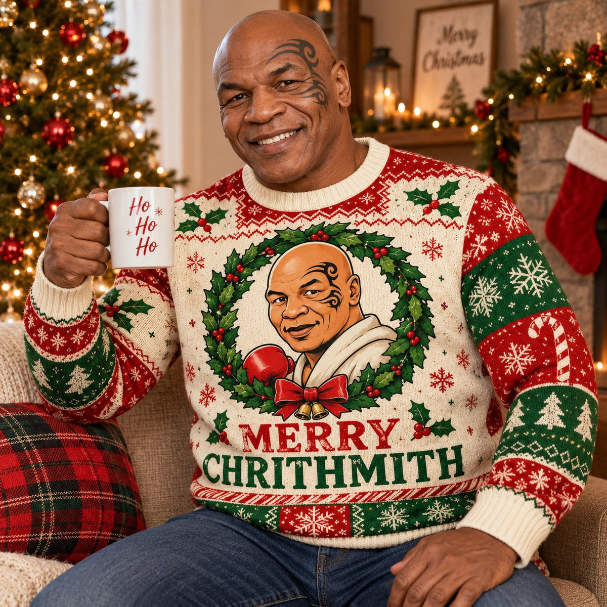 mike tyson merry chrithmith ugly christmas sweater, man holding ho ho ho