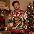 man wearing mike tyson merry chrithmith ugly christmas sweater by a fireplace
