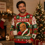 man wearing mike tyson merry chrithmith ugly christmas sweater by a fireplace