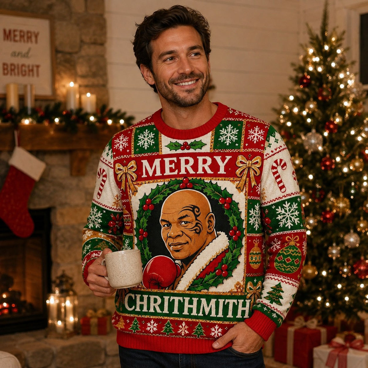 man wearing mike tyson merry chrithmith ugly christmas sweater by a fireplace