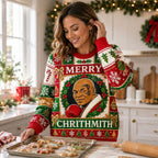 woman baking cookies in a mike tyson merry chrithmith christmas sweater