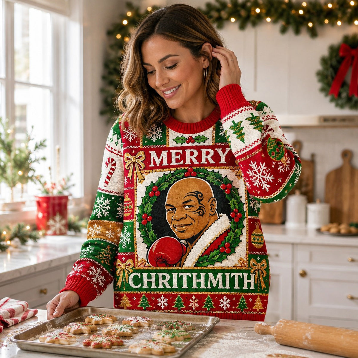woman baking cookies in a mike tyson merry chrithmith christmas sweater
