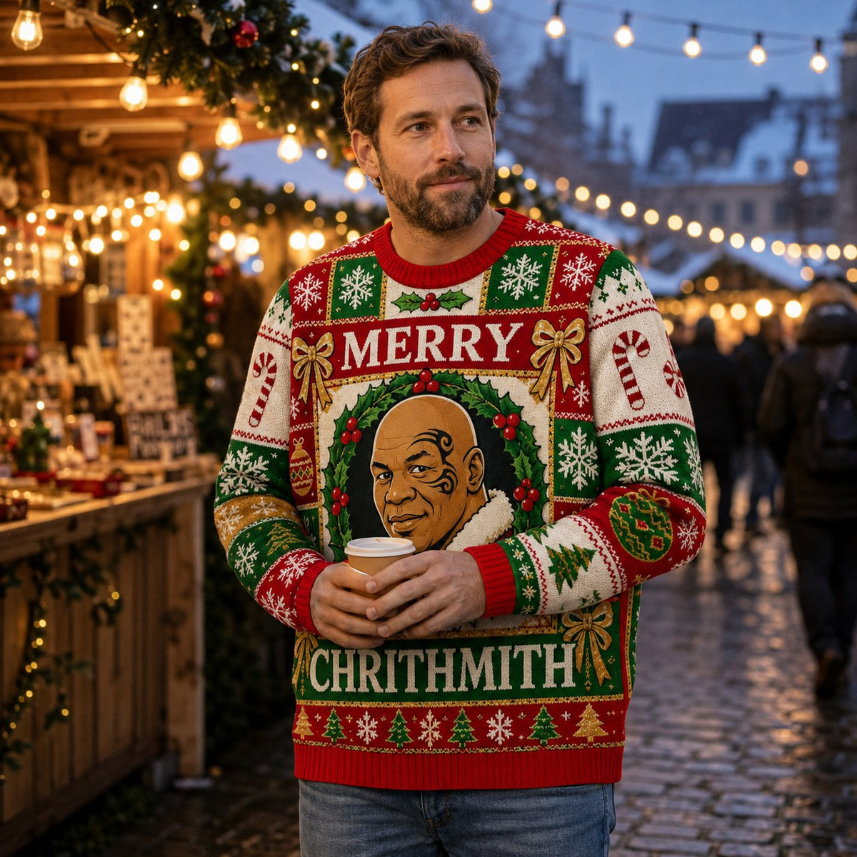 man holding a coffee cup in a mike tyson merry chrithmith ugly