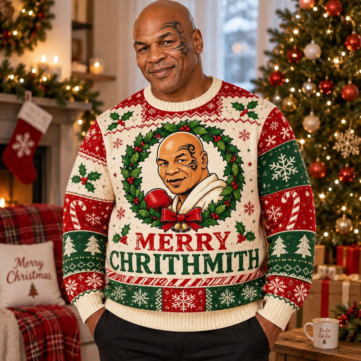 mike tyson merry chrithmith ugly christmas sweater front design on model