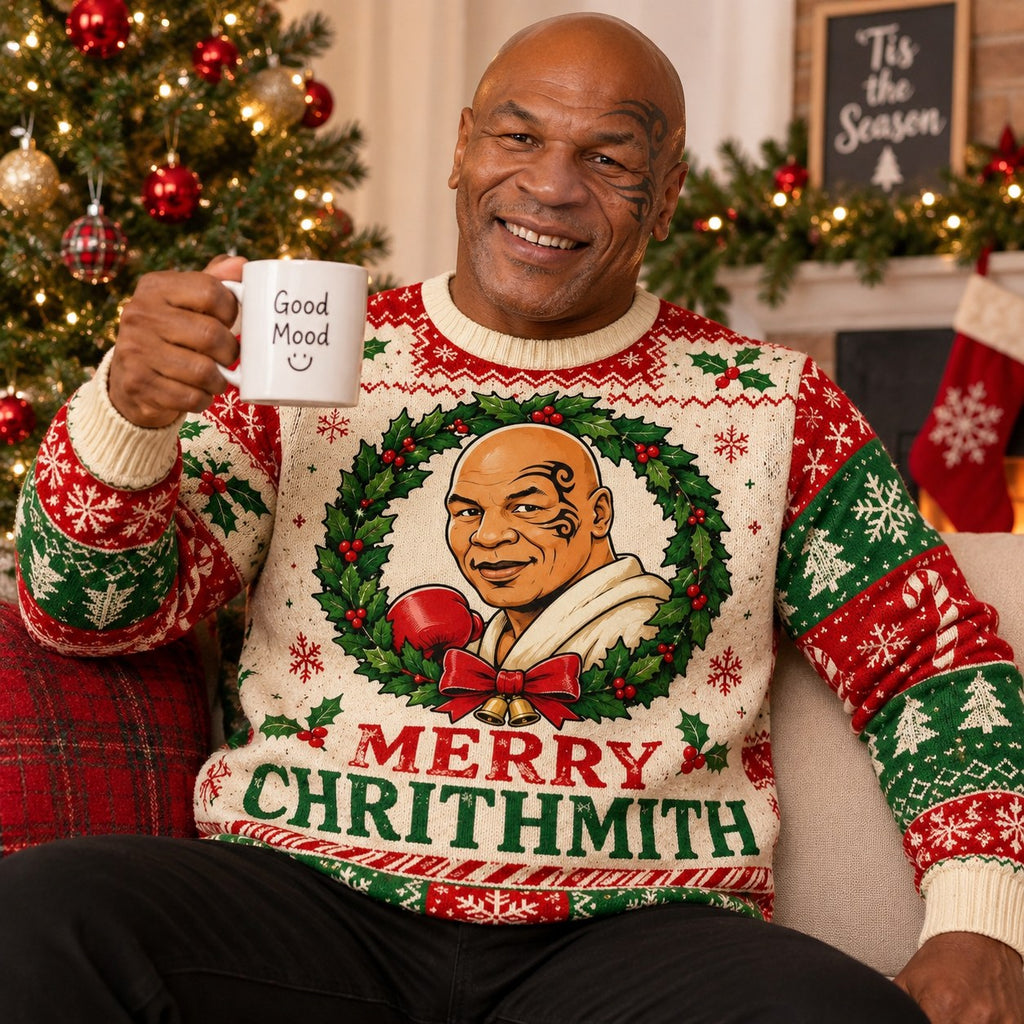 mike tyson merry chrithmith ugly christmas sweater, man holding good mood mug