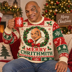 mike tyson merry chrithmith ugly christmas sweater, man holding red snowflake mug