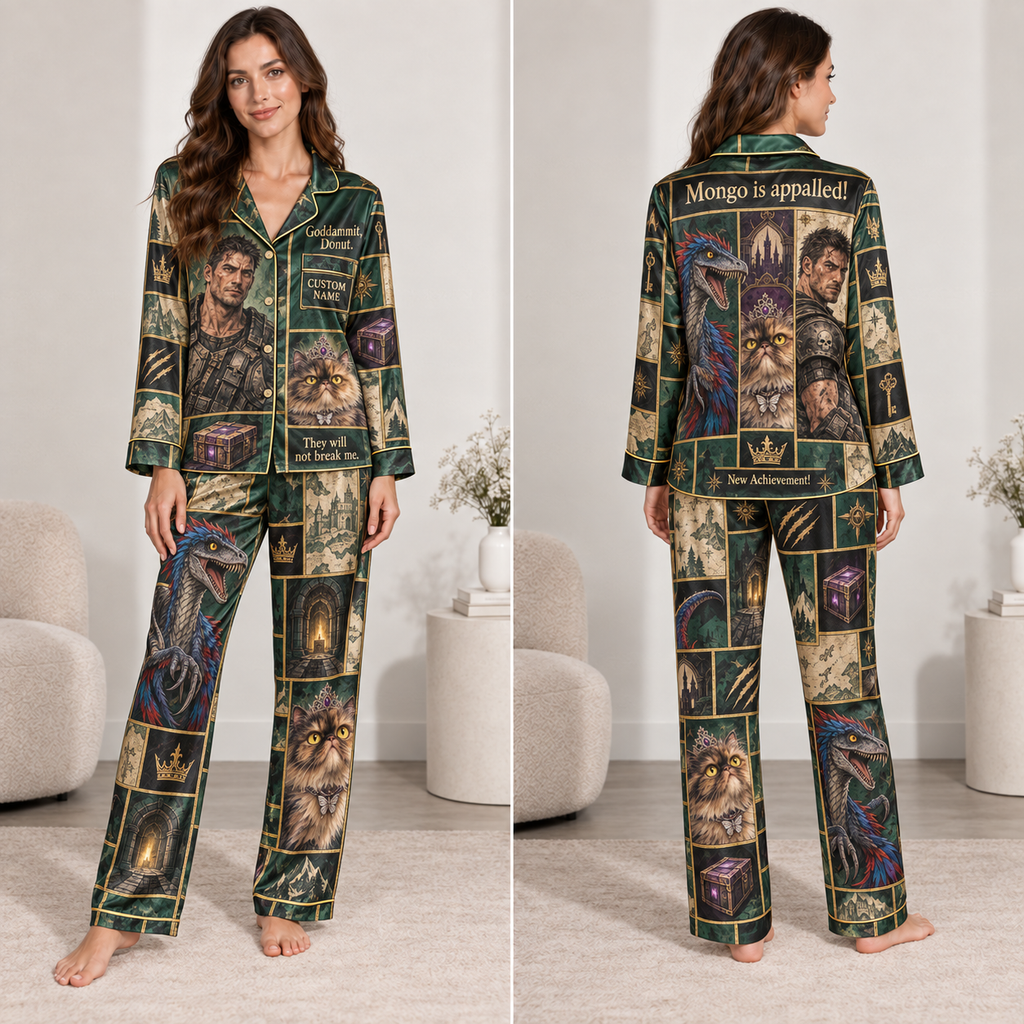 satin pajama set with fantasy storybook patchwork panels and a custom name