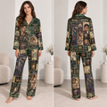 satin pajama set with fantasy storybook patchwork panels and a custom name
