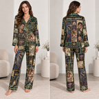 satin pajama set with fantasy storybook patchwork panels and a custom name