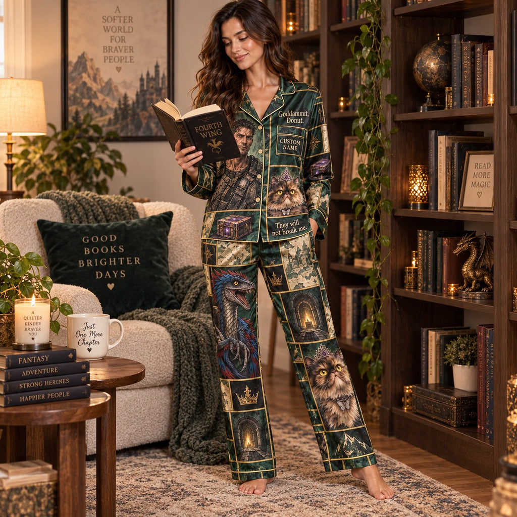 model sitting on a bed in a bedroom wearing the illustrated satin