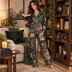 model sitting on a bed in a bedroom wearing the illustrated satin